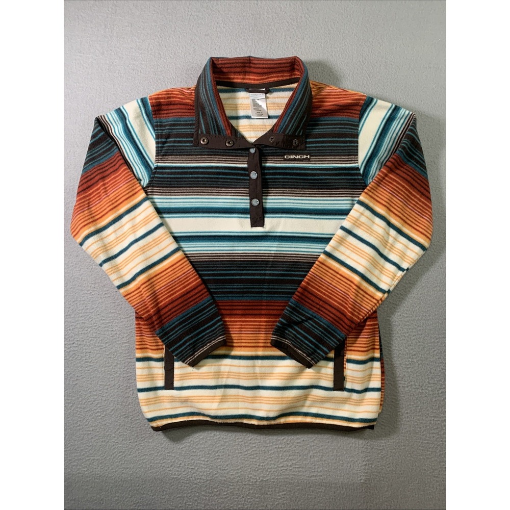 Cinch Striped Fleece Snap Collar Pullover Sweatshirt Women S Pockets Logo